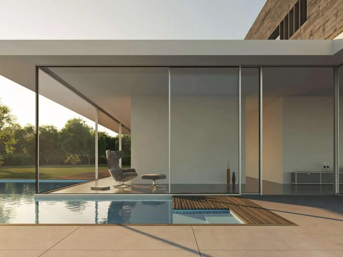 Rahmenloses cero Schiebefenster mit Blick auf Pool und Garten